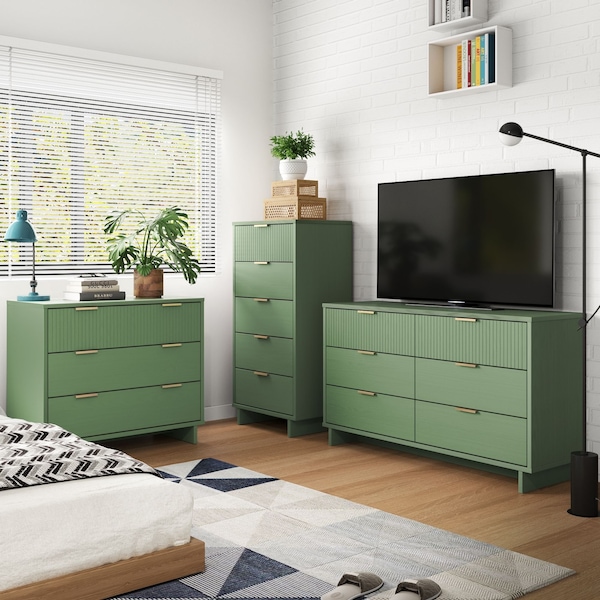 Manhattan Comfort Granville Sage Green 5-Drawer Tall Dresser, 3-Drawer Standard Dresser and 6-Drawer Double Dresser GRAN033 - main